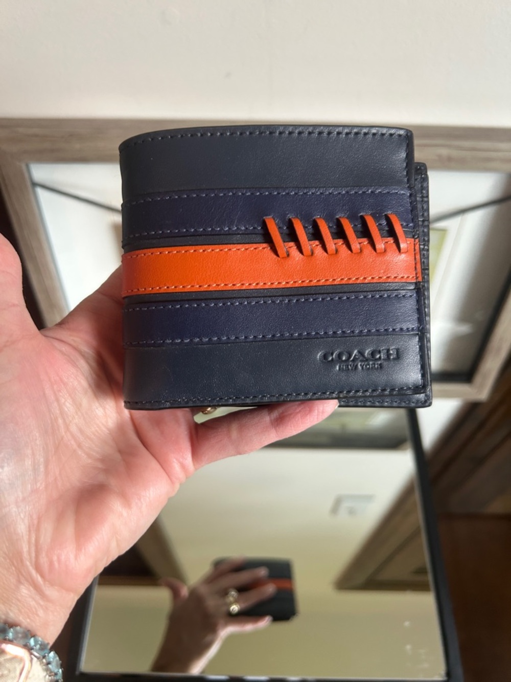 Coach Navy and Orange Leather Bifold Card Wallet - Picture 2 of 11